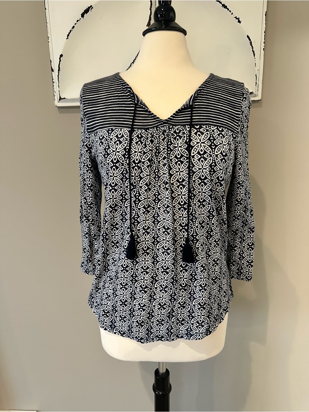 Lucky Brand Navy and White Patterned V-Neck Tassel Top